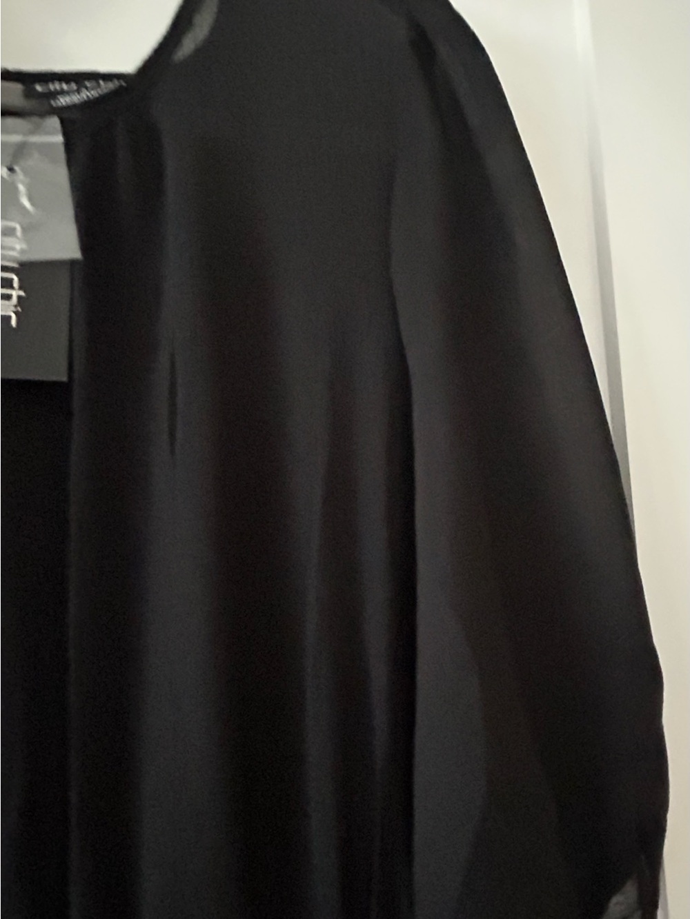 City Chic Black Dress - Sheer Top and Sleeves & Pleated Skirt, Brown Belt - Picture 6 of 14